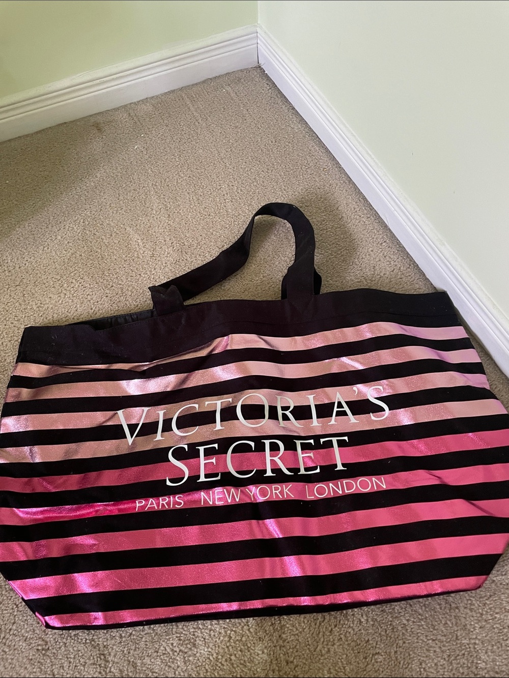 Victoria's Secret Pink & Black Striped Shiny Logo Tote